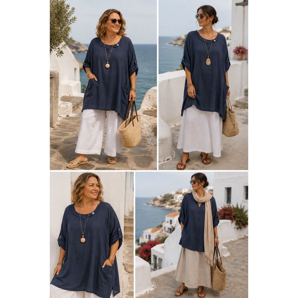 Navy Blue 100% Linen Lagenlook Tunic Dress 3X Coastal Vacation Oversized Pockets